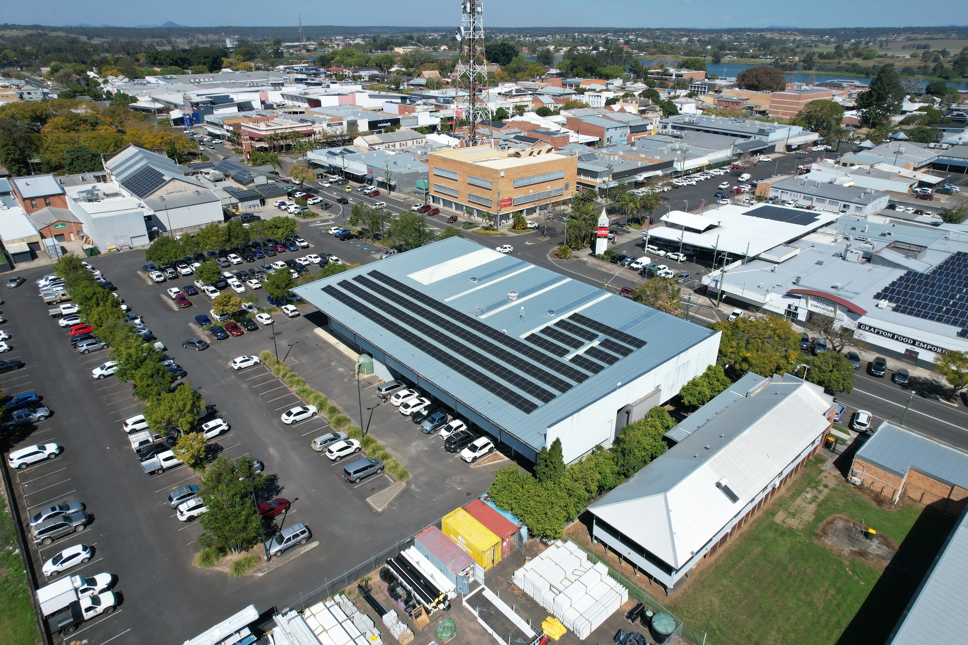 Drone view over Grafton of the 99.5 kW solar array on the Grafton Library roof